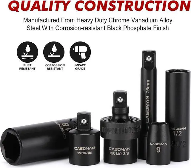 Alt view image 6 of 7 - CASOMAN 3/8" Drive Impact Socket Set, 48 Piece Standard SAE and Metric Sizes (5/16-Inch to 3/4-Inch and 8-22 mm), 6 Point, Cr-V Steel Socket Set