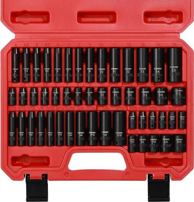 Main image of CASOMAN 1/4 Inch Drive Master Impact Socket Set, 50-Piece, 6-Point, SAE/Metric, 5/32 Inch - 9/16 Inch, 4mm - 15mm, Standard/Deep,CR-V