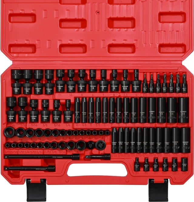 Main image of CASOMAN 1/4 Inch Drive Master Impact Socket Set with Adapters, U-Joint, Extensions & Torx Socket, 86-Piece, 6-Point, SAE/Metric, Standard/Deep, CR-V