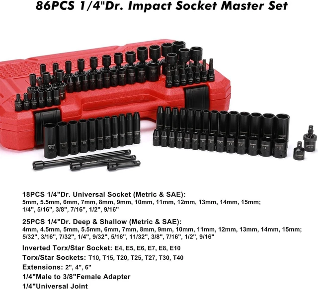 Alt view image 2 of 7 - CASOMAN 1/4 Inch Drive Master Impact Socket Set with Adapters, U-Joint, Extensions & Torx Socket, 86-Piece, 6-Point, SAE/Metric, Standard/Deep, CR-V