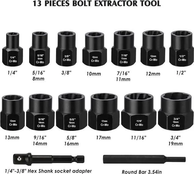 Alt view image 3 of 7 - MIXPOWER 13-Piece 3/8-inch Impact Bolt & Nut Remover Set, Nut Extractor Socket, Bolt Remover Tool Set with Hex Adapter, Metric and SAE