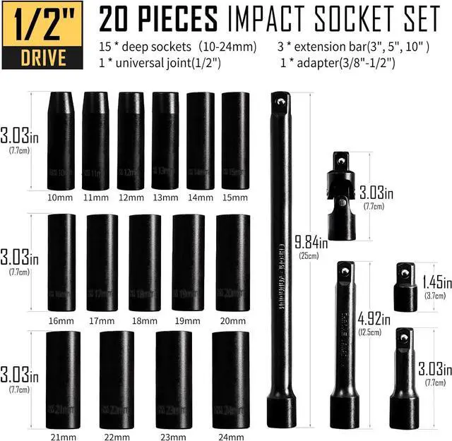 Alt view image 2 of 7 - BOEN 1/2" Drive Metric Deep Impact Socket Set, 20 Piece Cr-V Steel Metric Socket Set 10mm-24mm, Includes Extension Bars, Universal Joint and Adapter, 6 Point Design, Meets ANSI Standards