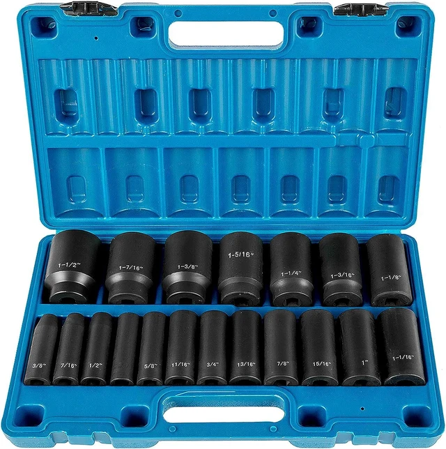 Main image of VEVOR Impact Socket Set 1/2 Inches 19 Piece Impact Sockets, Deep Socket, 6-Point Sockets, Cr-V, 1/2 Inches Drive Socket Set Impact 3/8 inch - 1-1/2 inch, with a Storage Cage, Blue