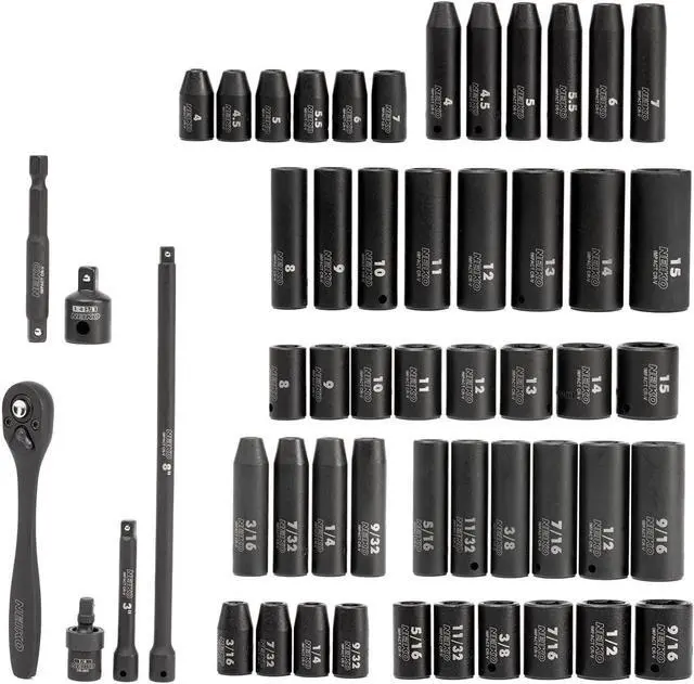 Alt view image 2 of 6 - NEIKO 02437A 1/4 Drive Impact Socket Set 54 Piece Metric & Standard, Deep & Shallow Chrome Vanadium Steel 3/8 to 1/4 Reducer Hex Shank Adapter, Metric and Standard, Deep Socket Set