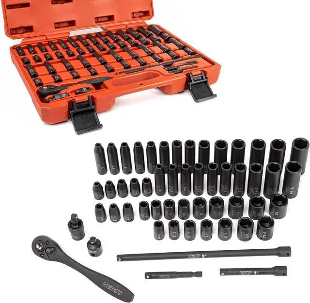 Alt view image 4 of 6 - NEIKO 02437A 1/4 Drive Impact Socket Set 54 Piece Metric & Standard, Deep & Shallow Chrome Vanadium Steel 3/8 to 1/4 Reducer Hex Shank Adapter, Metric and Standard, Deep Socket Set
