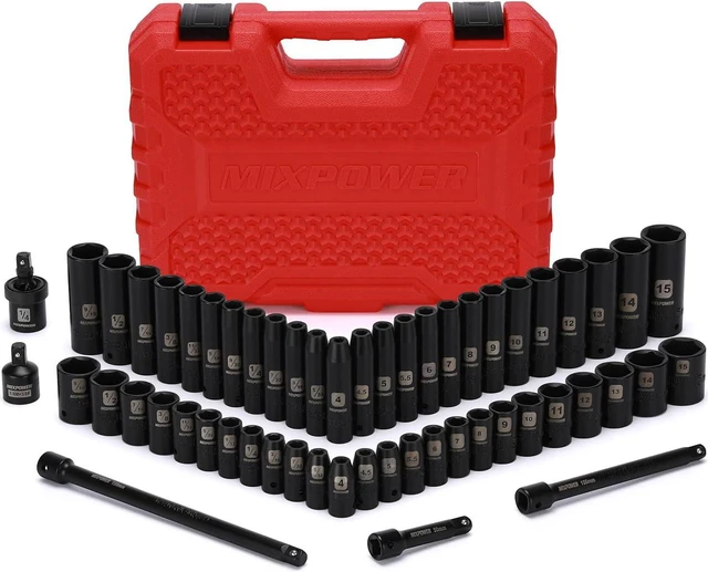 Main image of MIXPOWER 55 Pieces 1/4" Dr. Impact Socket Set, CR-V, 6 Point, SAE/Metric, 5/32 Inch - 9/16 Inch, 4mm - 15mm, Shallow/Deep, Including Adapter, Extension, Universal Joint