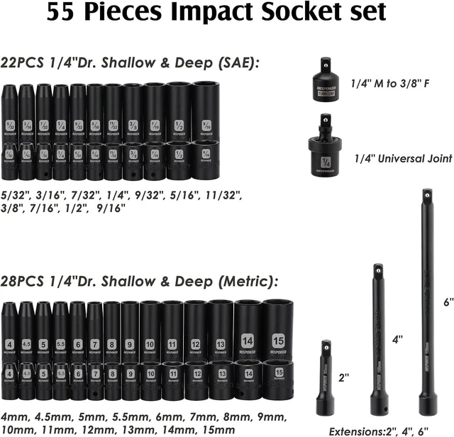 Alt view image 3 of 7 - MIXPOWER 55 Pieces 1/4" Dr. Impact Socket Set, CR-V, 6 Point, SAE/Metric, 5/32 Inch - 9/16 Inch, 4mm - 15mm, Shallow/Deep, Including Adapter, Extension, Universal Joint