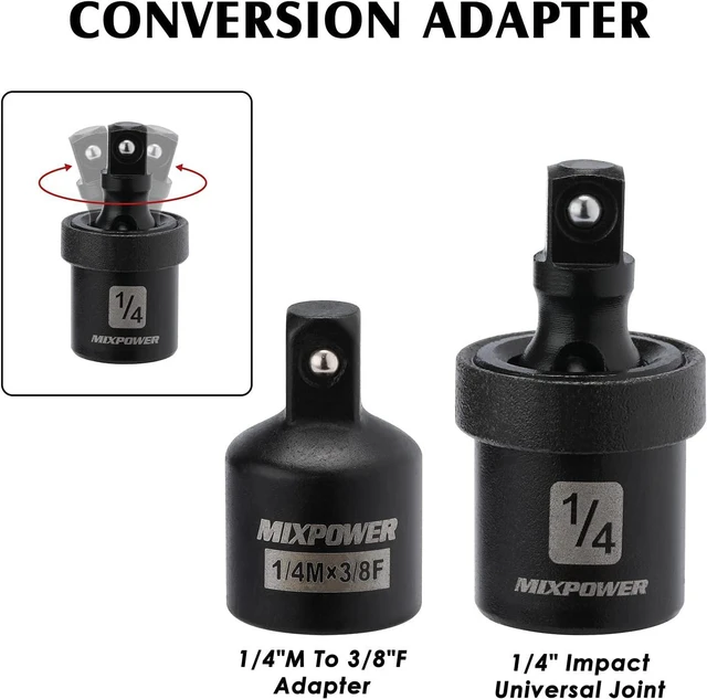 Alt view image 6 of 7 - MIXPOWER 55 Pieces 1/4" Dr. Impact Socket Set, CR-V, 6 Point, SAE/Metric, 5/32 Inch - 9/16 Inch, 4mm - 15mm, Shallow/Deep, Including Adapter, Extension, Universal Joint
