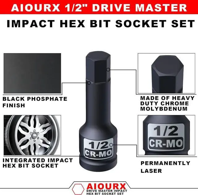 Alt view image 3 of 5 - Aiourx 1/2" Drive Master Impact Hex Bit Socket Set, SAE 1/4" - 3/4", 10 Pieces 1/2" Drive Impact Allen Bit Socket Set, Cr-Mo Steel, Heavy Duty Storage Case