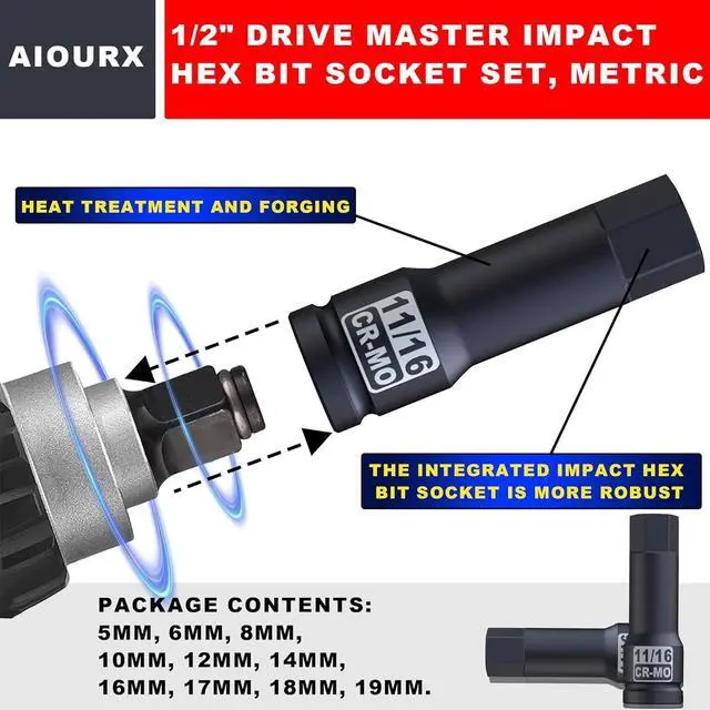 Alt view image 5 of 5 - Aiourx 1/2" Drive Master Impact Hex Bit Socket Set, SAE 1/4" - 3/4", 10 Pieces 1/2" Drive Impact Allen Bit Socket Set, Cr-Mo Steel, Heavy Duty Storage Case