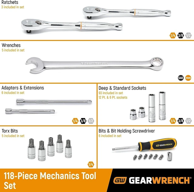 Alt view image 2 of 7 - GEARWRENCH 118 Pc. 1/4", 3/8" & 1/2" Drive 6 & 12 Pt. Mechanics Tool Set, Standard & Deep, SAE/Metric - 83001D