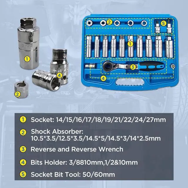 Alt view image 5 of 7 - Socket Wrench Set 47PCS Shock Absorber Strut Nut Removal Tool Socket Set Pass Through Socket Set High Hardness Shock Absorber Socket Wrench Kit for All Vehicles Ratchet and Socket Set Suspension Tools