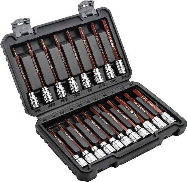 Main image of LLNDEI 3/8-Inch Drive Extra Long Allen Hex Bit Socket Set 19PCS- Standard SAE & Metric (1/8"-3/8", 3-12mm), CR-V&S2 Alloy Steel, Durable Tool Accessories Kit for Mechanics(Black Case)
