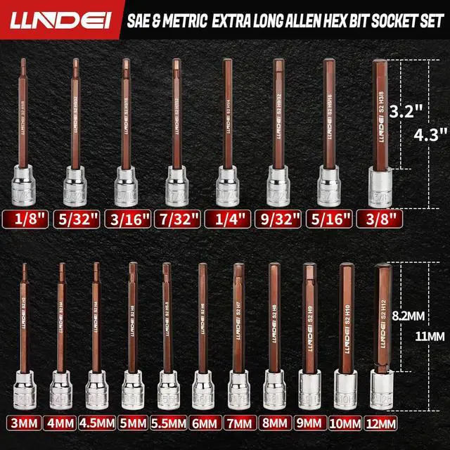 Alt view image 2 of 7 - LLNDEI 3/8-Inch Drive Extra Long Allen Hex Bit Socket Set 19PCS- Standard SAE & Metric (1/8"-3/8", 3-12mm), CR-V&S2 Alloy Steel, Durable Tool Accessories Kit for Mechanics(Black Case)
