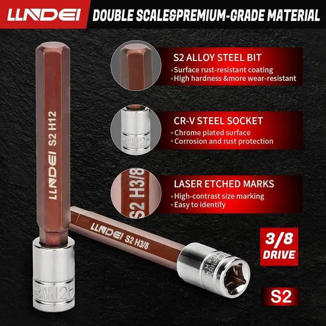 Alt view image 3 of 7 - LLNDEI 3/8-Inch Drive Extra Long Allen Hex Bit Socket Set 19PCS- Standard SAE & Metric (1/8"-3/8", 3-12mm), CR-V&S2 Alloy Steel, Durable Tool Accessories Kit for Mechanics(Black Case)