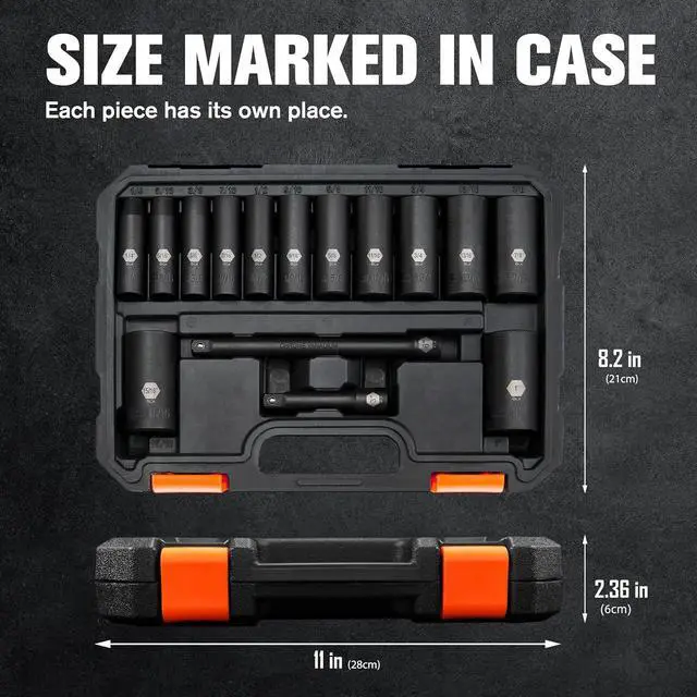 Alt view image 6 of 7 - PGROUP 3/8 Inch Drive Deep Impact Socket Set, 15-Piece 6 Point Standard SAE Sizes(1/4-Inch to 1"),Includes 3", 6"Impact Extension Bars,Cr-V Steel Socket Set with Heavy Duty Storage Case
