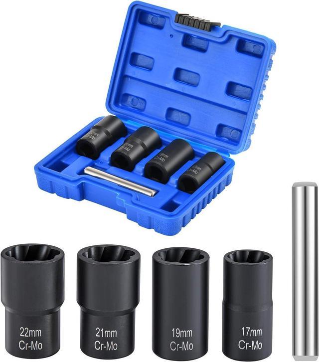 Twist Socket Set Lug Nut Remover Extractor Tool 5 Piece Metric Bolt and Lug  Nut Extractor Socket Tools ,ith Center Punch Bar (17mm - 22mm)