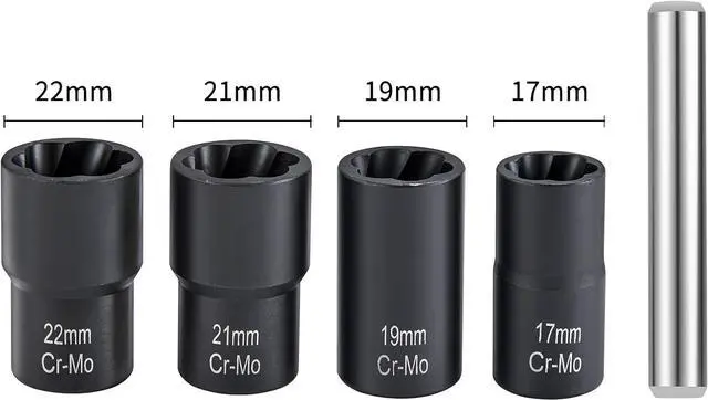 Alt view image 2 of 7 - Twist Socket Set Lug Nut Remover Extractor Tool 5 Piece Metric Bolt and Lug Nut Extractor Socket Tools ,ith Center Punch Bar (17mm - 22mm)