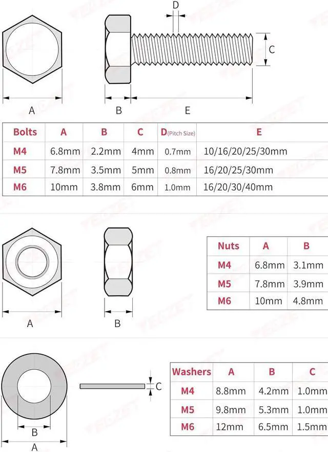Alt view image 3 of 7 - YEEZET 163 Set M4 M5 M6 Heavy Duty Bolts and Nuts Assortment Kit Alloy Steel Grade 8.8 Includes 13 Most Common Sizes