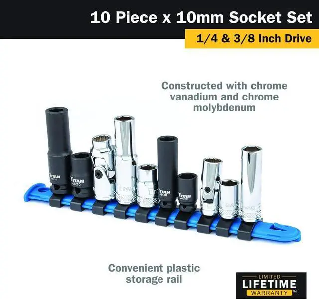 Alt view image 2 of 4 - Titan - 10 Pc. 1/4 in. and 3/8 in. Dr. 10 Mm Socket Set (68660)
