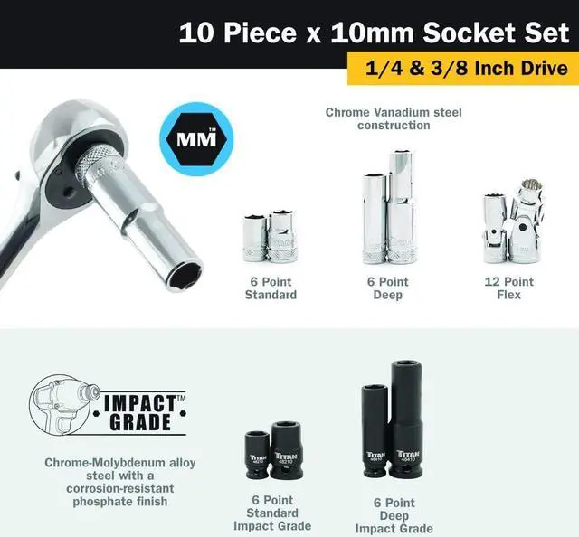 Alt view image 3 of 4 - Titan - 10 Pc. 1/4 in. and 3/8 in. Dr. 10 Mm Socket Set (68660)