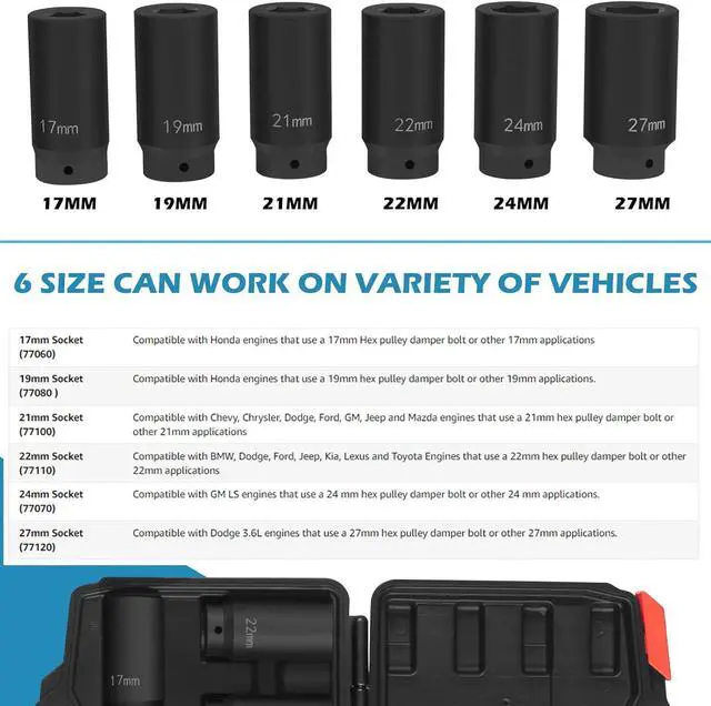 Alt view image 3 of 7 - 1/2" Drive Crank Bolt Socket Set, 17MM, 19MM, 21MM, 22MM, 24MM 27MM, Harmonic Balancer Socket Set, Crank Bolt Removal Tool, 3 Times Momentum Power of Standard Impact Socket Set, Deep Impact Socket Set