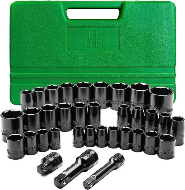 Main image of Steel Vision 3/8" and 1/2 Drive Impact Socket Set, 35 Pieces Metric/SAE Shallow Socket, Cr-V, 6-Point, Includes Socket Adapter and Extension Bars, Portable Storage Case