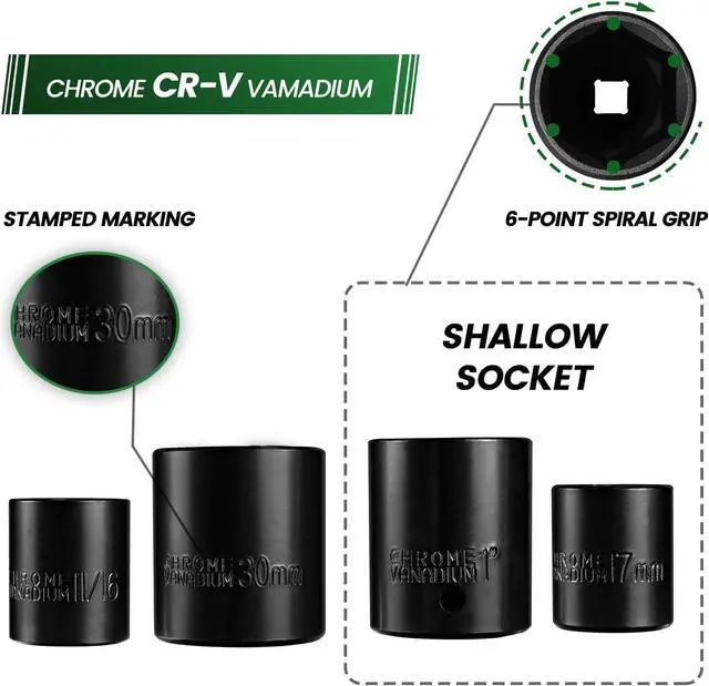 Alt view image 3 of 7 - Steel Vision 3/8" and 1/2 Drive Impact Socket Set, 35 Pieces Metric/SAE Shallow Socket, Cr-V, 6-Point, Includes Socket Adapter and Extension Bars, Portable Storage Case