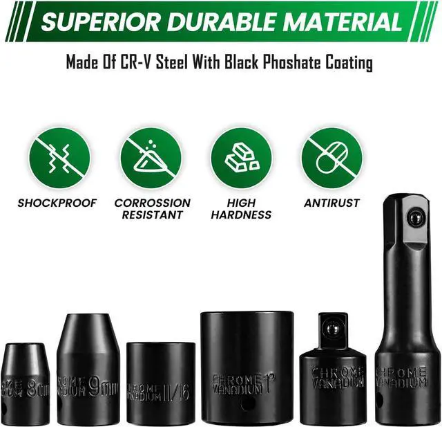 Alt view image 4 of 7 - Steel Vision 3/8" and 1/2 Drive Impact Socket Set, 35 Pieces Metric/SAE Shallow Socket, Cr-V, 6-Point, Includes Socket Adapter and Extension Bars, Portable Storage Case