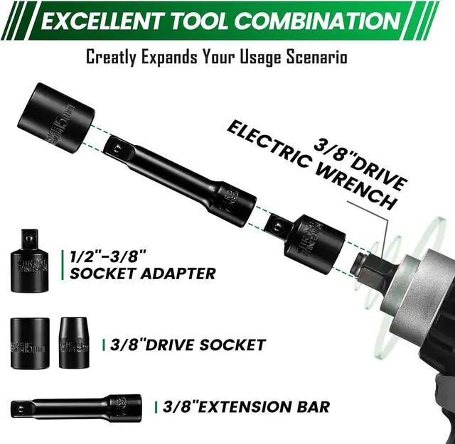 Alt view image 5 of 7 - Steel Vision 3/8" and 1/2 Drive Impact Socket Set, 35 Pieces Metric/SAE Shallow Socket, Cr-V, 6-Point, Includes Socket Adapter and Extension Bars, Portable Storage Case