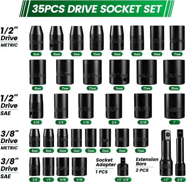 Alt view image 2 of 7 - Steel Vision 3/8" and 1/2 Drive Impact Socket Set, 35 Pieces Metric/SAE Shallow Socket, Cr-V, 6-Point, Includes Socket Adapter and Extension Bars, Portable Storage Case