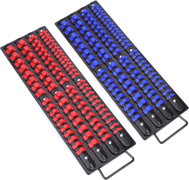 Main image of CASOMAN 80-Piece Portable Socket Organizer Tray, 2 Pcs Set, Blue & Red, 1/4-Inch, 3/8-Inch, 1/2-Inch,Heavy Duty Socket Organizer, Black Rails, Blue & Red Clips