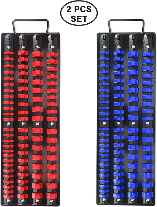 Alt view image 2 of 6 - CASOMAN 80-Piece Portable Socket Organizer Tray, 2 Pcs Set, Blue & Red, 1/4-Inch, 3/8-Inch, 1/2-Inch,Heavy Duty Socket Organizer, Black Rails, Blue & Red Clips