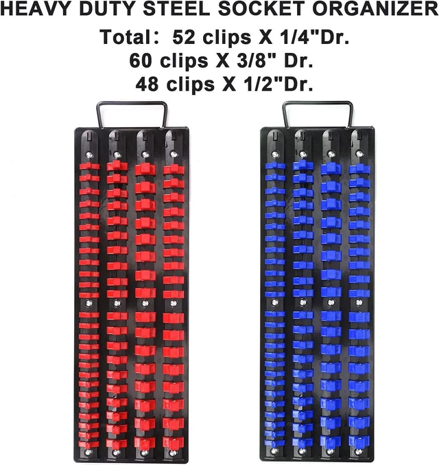 Alt view image 3 of 6 - CASOMAN 80-Piece Portable Socket Organizer Tray, 2 Pcs Set, Blue & Red, 1/4-Inch, 3/8-Inch, 1/2-Inch,Heavy Duty Socket Organizer, Black Rails, Blue & Red Clips