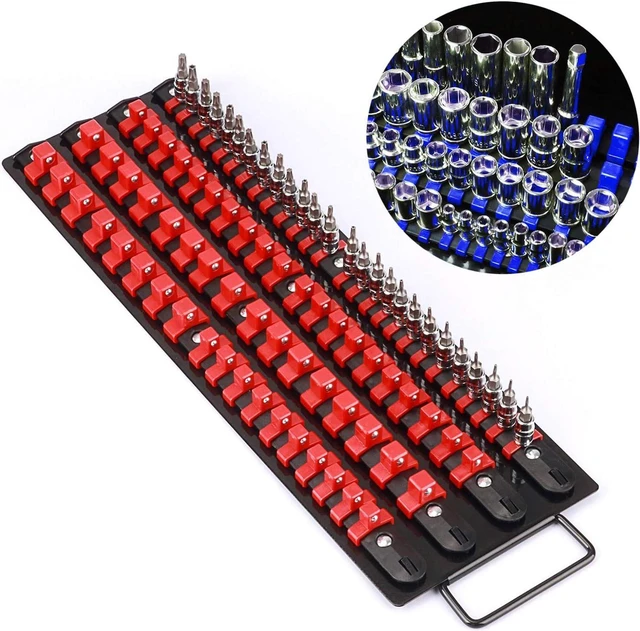Alt view image 4 of 6 - CASOMAN 80-Piece Portable Socket Organizer Tray, 2 Pcs Set, Blue & Red, 1/4-Inch, 3/8-Inch, 1/2-Inch,Heavy Duty Socket Organizer, Black Rails, Blue & Red Clips