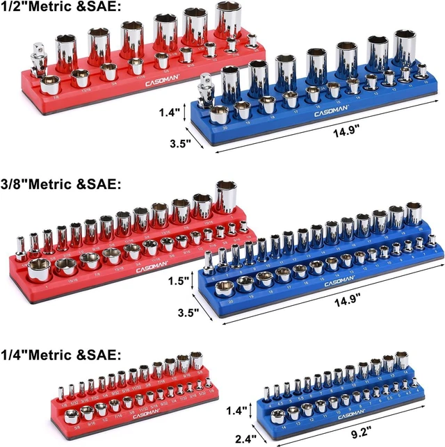 Alt view image 3 of 7 - CASOMAN Magnetic Socket Organizer, 6 Piece Socket Holder Kit, 1/2-inch, 3/8-inch, 1/4-inch Drive, Holds 143 SAE&Metric Sockets, Red & Blue, Professional Quality Tools Organizer, Socket Not Included
