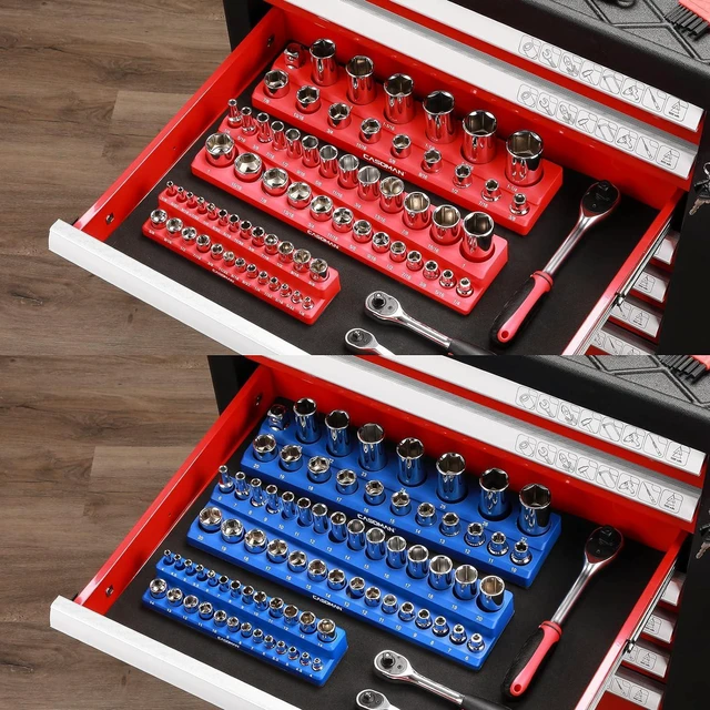Alt view image 7 of 7 - CASOMAN Magnetic Socket Organizer, 6 Piece Socket Holder Kit, 1/2-inch, 3/8-inch, 1/4-inch Drive, Holds 143 SAE&Metric Sockets, Red & Blue, Professional Quality Tools Organizer, Socket Not Included