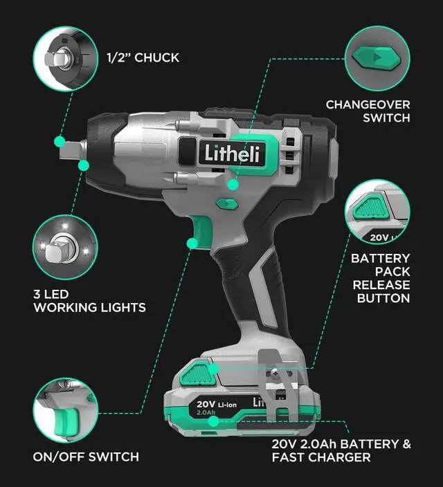 Alt view image 2 of 7 - Litheli Cordless Impact Wrench 20V, 1/2 inch Power Wrench with 2.0Ah Li-ion Battery  Fast Charger, 320 ft-lb Torque 3832 in-Lbs, Compact Electric Wrench Set for Home Car