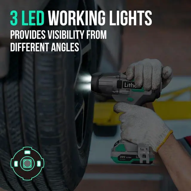 Alt view image 4 of 7 - Litheli Cordless Impact Wrench 20V, 1/2 inch Power Wrench with 2.0Ah Li-ion Battery  Fast Charger, 320 ft-lb Torque 3832 in-Lbs, Compact Electric Wrench Set for Home Car