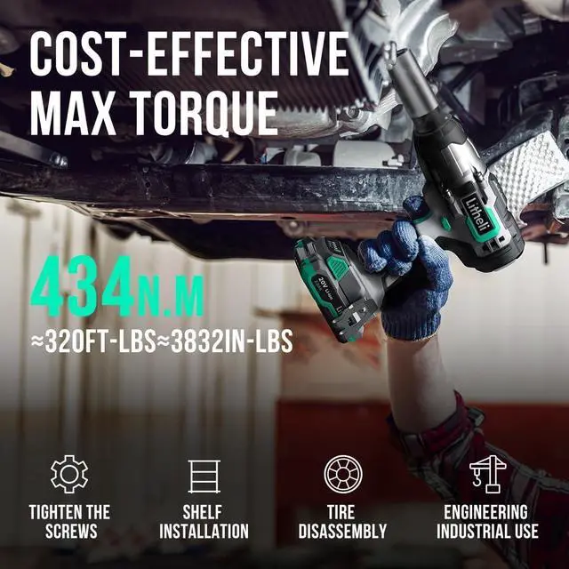 Alt view image 5 of 7 - Litheli Cordless Impact Wrench 20V, 1/2 inch Power Wrench with 2.0Ah Li-ion Battery  Fast Charger, 320 ft-lb Torque 3832 in-Lbs, Compact Electric Wrench Set for Home Car