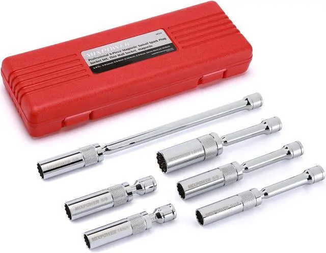 Main image of MIXPOWER 3/8" Dr. Magnetic Swivel Spark Plug Socket Set, Thin Wall, 12 Point, CR-V, 6 Pieces, 14MM-4", 5/8"-4", 9/16"-6", 5/8"-6", 13/16"-6", 5/8"-11"
