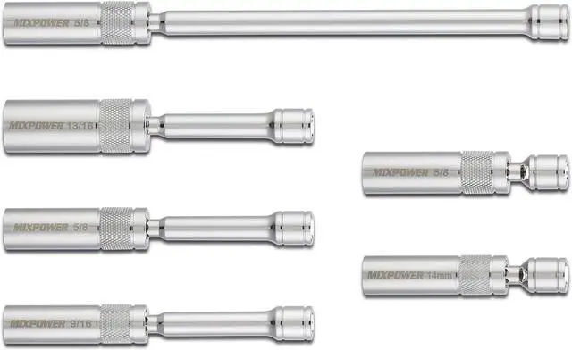 Alt view image 2 of 6 - MIXPOWER 3/8" Dr. Magnetic Swivel Spark Plug Socket Set, Thin Wall, 12 Point, CR-V, 6 Pieces, 14MM-4", 5/8"-4", 9/16"-6", 5/8"-6", 13/16"-6", 5/8"-11"