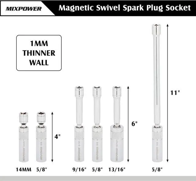 Alt view image 3 of 6 - MIXPOWER 3/8" Dr. Magnetic Swivel Spark Plug Socket Set, Thin Wall, 12 Point, CR-V, 6 Pieces, 14MM-4", 5/8"-4", 9/16"-6", 5/8"-6", 13/16"-6", 5/8"-11"