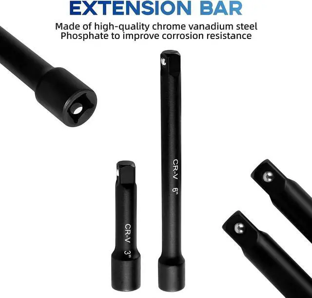 Alt view image 4 of 7 - Reniteco 48-Piece 3/8" Drive Socket Set, SAE (5/16"-3/4") & Metric (8mm-22mm), Deep & Shallow Sockets, Extension Bars, 1/2" F to 3/8" M Reducer, Universal Joint, 6 Point Design