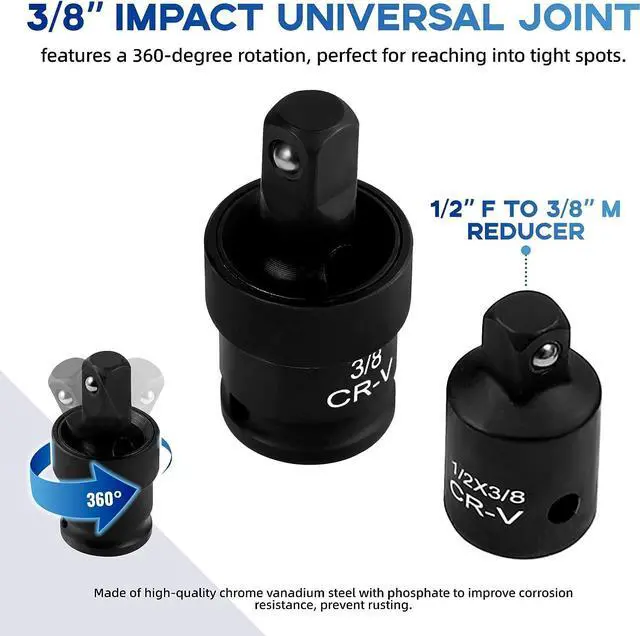 Alt view image 5 of 7 - Reniteco 48-Piece 3/8" Drive Socket Set, SAE (5/16"-3/4") & Metric (8mm-22mm), Deep & Shallow Sockets, Extension Bars, 1/2" F to 3/8" M Reducer, Universal Joint, 6 Point Design