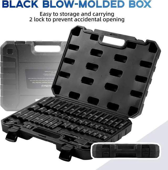 Alt view image 6 of 7 - Reniteco 48-Piece 3/8" Drive Socket Set, SAE (5/16"-3/4") & Metric (8mm-22mm), Deep & Shallow Sockets, Extension Bars, 1/2" F to 3/8" M Reducer, Universal Joint, 6 Point Design