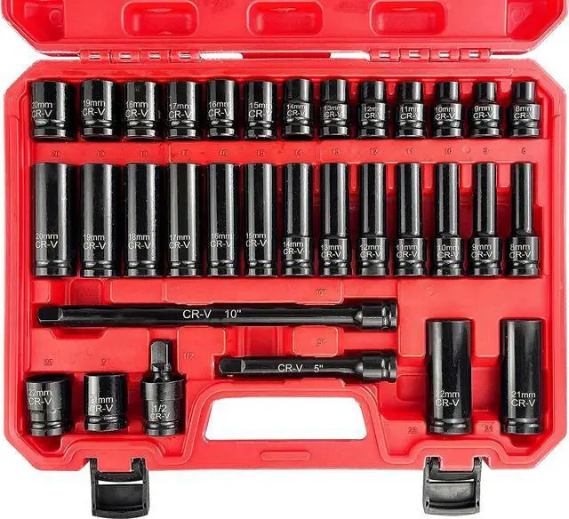 Main image of EACELIY 33-Piece 1/2" Drive Impact Socket Set, (9-22mm), Metric Socket Set, Cr-V Steel, 6 Point Deep & Shallow Sockets, with 5", 10" Extension Bars, Universal Joint