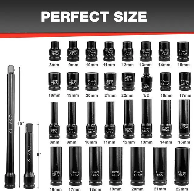Alt view image 2 of 7 - EACELIY 33-Piece 1/2" Drive Impact Socket Set, (9-22mm), Metric Socket Set, Cr-V Steel, 6 Point Deep & Shallow Sockets, with 5", 10" Extension Bars, Universal Joint