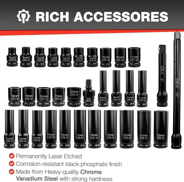 Alt view image 4 of 7 - EACELIY 33-Piece 1/2" Drive Impact Socket Set, (9-22mm), Metric Socket Set, Cr-V Steel, 6 Point Deep & Shallow Sockets, with 5", 10" Extension Bars, Universal Joint