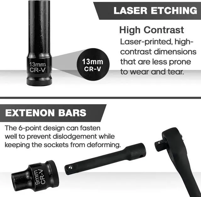 Alt view image 6 of 7 - EACELIY 33-Piece 1/2" Drive Impact Socket Set, (9-22mm), Metric Socket Set, Cr-V Steel, 6 Point Deep & Shallow Sockets, with 5", 10" Extension Bars, Universal Joint
